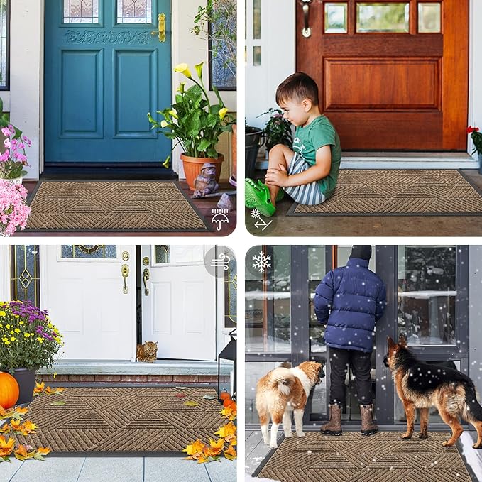 Smiry Front Door Mat Outside Entrance, Heavy Duty Sturdy Natural Rubber Doormat, Trap Dirt and Moisture, Easy Clean Low Profile Mats for Indoor Outdoor Entry, Irregular Triangle (59x24, Brown)