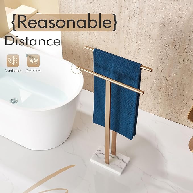 KOKOSIRI Standing Towel Rack for Bathroom Floor 2-Tier Towel Holder Free Stand with Heavy Marble Base Thicken Steady Champagne Bronze Stainless Steel THS0005-CPG