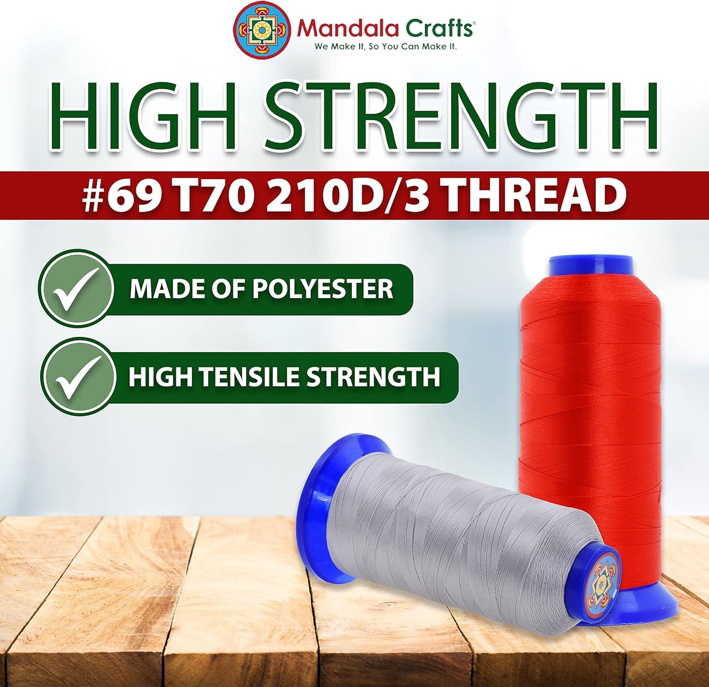 Mandala Crafts Red Heavy Duty Thread -1500 Yds Tex 70 Thread for Sewing Drapery Jeans Leather Hair - Bonded Polyester Thread Outdoor Marine Upholstery Threads