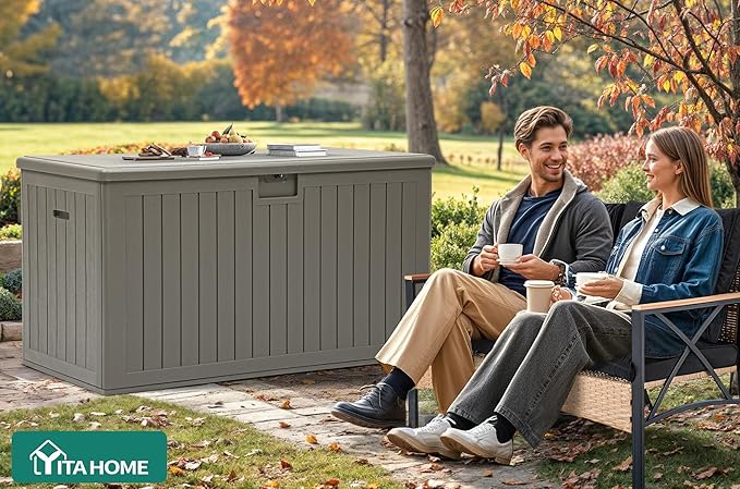 YITAHOME 200 Gallon Extra Large Deck Box, Double-Wall Resin Outdoor Storage Box with Flexible Divider for Patio Cushions Pool Supplies Garden Tools, 990 lbs Load Capacity, Lockable (Light Brown)