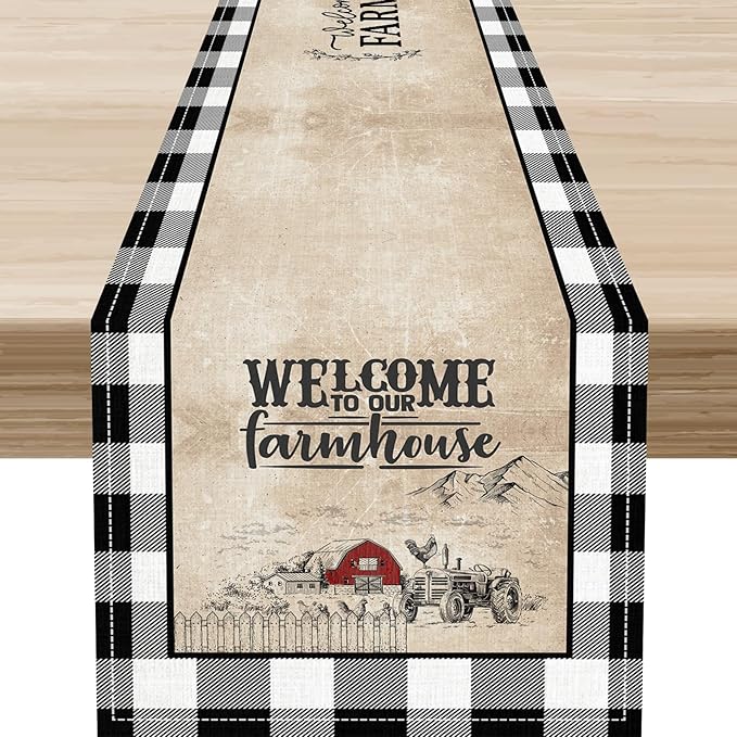 Farmhouse Table Runner, Rustic Country Barn Cottage Check Animal Coffee Table Center Decor for Home Kitchen Dining Patio Holiday Party Indoor Outdoor Table Decorations 13"x36"