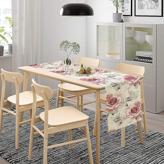 Pink Rose Floral Table Runner,Abstract Watercolor Flower Pattern Modern Romantic Kitchen Dining Table Decoration for Wedding Holiday Home Party 13x70in