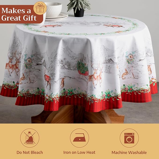 Maison d' Hermine Table Cloth Round Table 100% Cotton 69 Inches Fall Tablecloth Reusable Everyday Use for Thanksgiving Christmas Decorations Dining Farmhouse Party (Christmas Tradition)