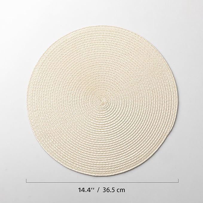 Round Placemats Set of 6 Plastic Woven Placemats Washable Wipeable Table Mats for Dining Table Heat Resistant Non-Slip Circle Place Mats (Beige)