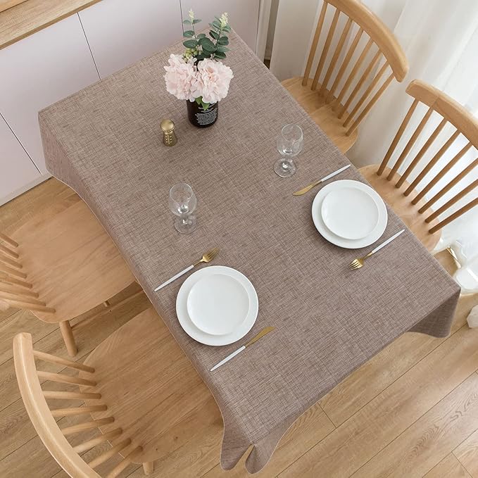 LIBERECOO Vinyl Tablecloth with Flannel Backing, Flaxen, Waterproof, Stain-Resistant, Easy-Clean Table Cover for Dining, Kitchen, and Outdoor Use, 60" x 120" Rectangle