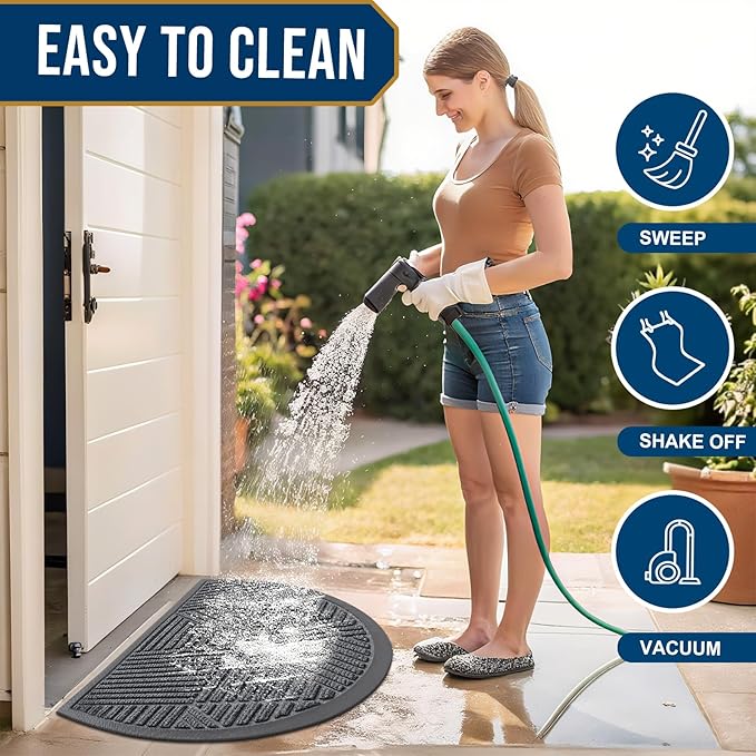 Smiry Half Circle Front Door Mat Outside Entrance, Heavy Duty Sturdy Natural Rubber Doormat, Trap Dirt and Moisture, Low Profile Mats for Indoor Outdoor Entry, Irregular Triangle (36x24, Grey)