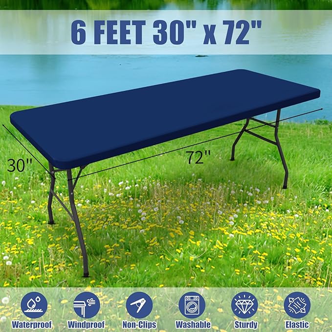 Spandex 6 Foot Rectangle Table Cloth 6 Pack, Elastic Fitted Tablecloths for Picnic, Stretch Washable Patio Table Cover for Outdoor, Camping, Banquet and Parties (Navy, 30"x72")