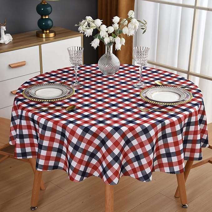 Waterproof Plaid Tablecloth Fabric - Round 58 Inch Classic Gingham Checker Table Cloth for Indoor/Outdoor Use - Buffalo Table Cover for Picnics, BBQs, and Parties