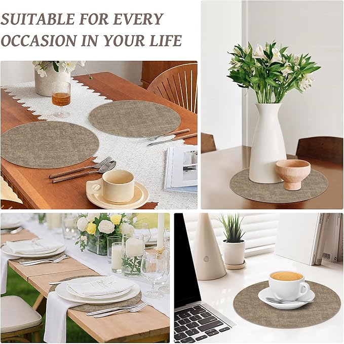 13" Round Placemats Set of 12, Reversible Faux Leather Heat Resistant Table Mats, 100% Waterproof Oilproof Wipeable Table Protective Placemats for Vinyl, Washable for Indoor (12, Light Coffee)