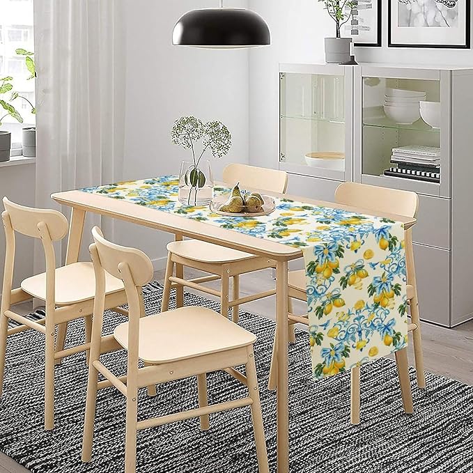 Lemon Table Runner, Summer Hummingbirds Flower Bows Print Table Runner for Farmhouse Coffee Home Kitchen Dining Outdoor Party 13x70in