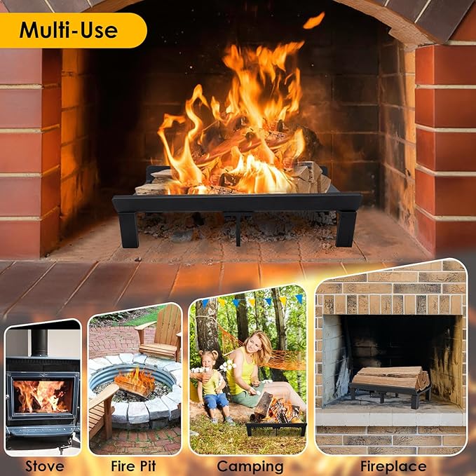 STBoo Fireplace Grate 17inch - Wood Stove Grates Heavy Duty | Fireplace Log Holder | Firewood Log Burning Wrought Iron Rack | Fire Pit Tray for Indoor Chimney Hearth & Outdoor Kindling Tool