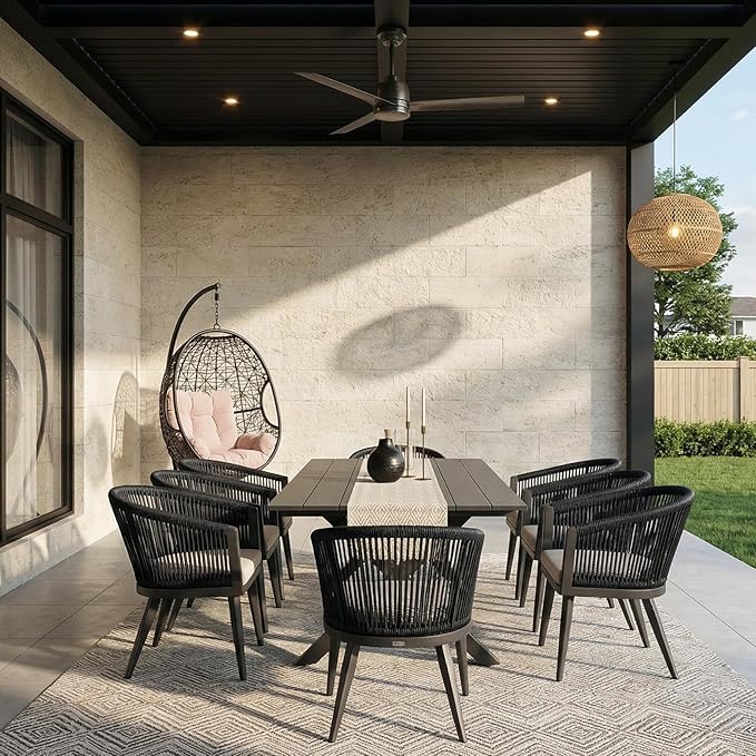 PURPLE LEAF Outdoor Dining Set for 8 All-Weather 9 Pieces Patio Aluminium Dining Table and Rope Weave Chairs Included Cushions for Backyard Indoor Decor Kitchen Patio Furniture Set Grey and Navy