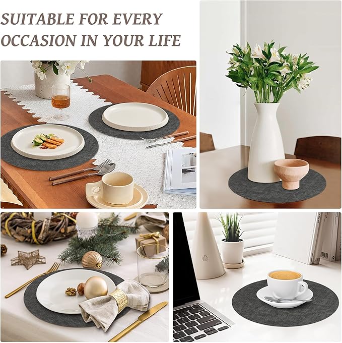 13"Round Placemats Set of 4, Reversible Faux Leather Heat Resistant Table Mats, 100% Waterproof Oilproof Wipeable Table Protective Placemats for Vinyl, Washable for Indoor & Outdoor Use (4, Deep Gray)