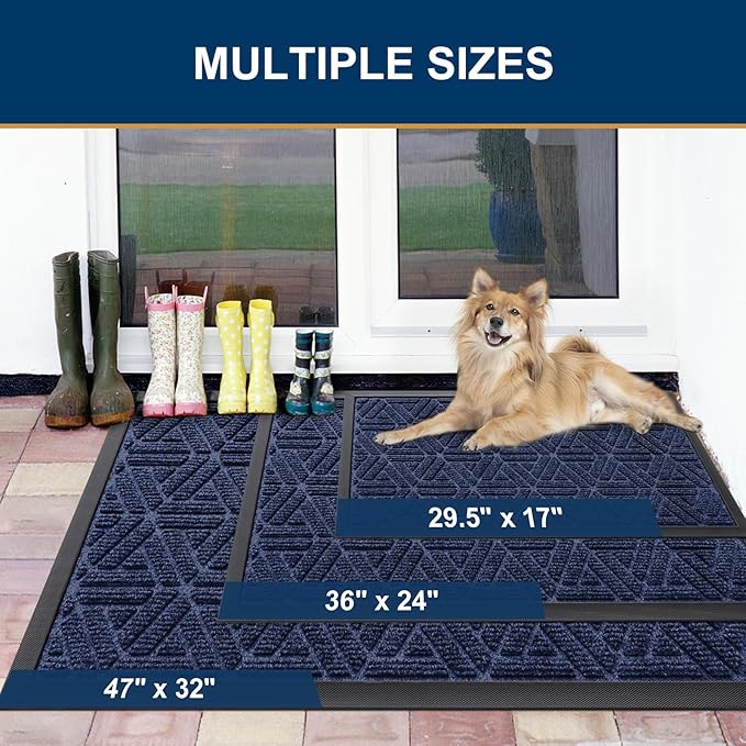 Smiry Front Door Mat Outside Entrance, Heavy Duty Sturdy Natural Rubber Doormat, Trap Dirt and Moisture, Easy Clean Low Profile Mats for Indoor Outdoor Entry, Grid Geometric (59x24, Navy Blue)
