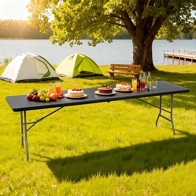 BestOffice 8 FT Picnic Table Folding Table Camping Plastic Table Fold Up Table Lock for Party Event, Black