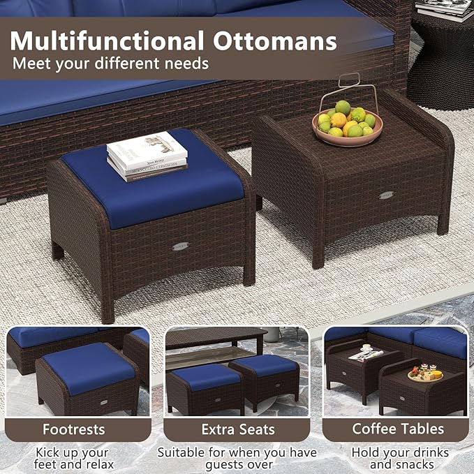 Tangkula 2 Pieces Outdoor Patio PE Wicker Ottomans with Removable Cushions, Outdoor Furniture for Additional Seating, Footrest and Side Table, Outdoor Footstools for Porch, Garden and Backyard