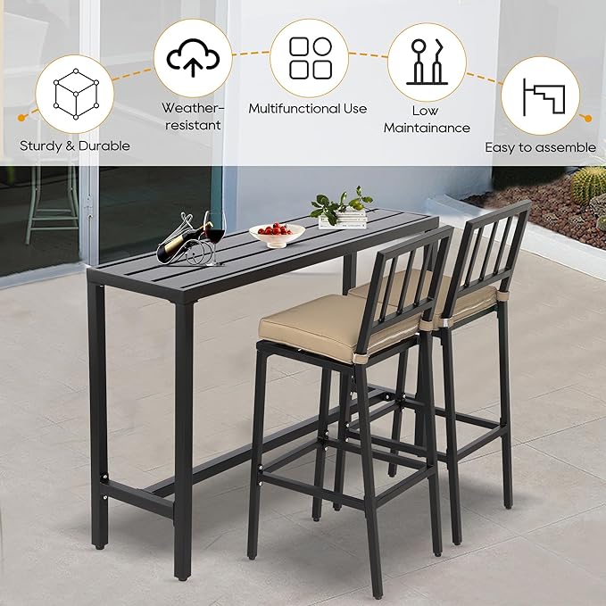 3-Piece Outdoor Patio Bar Set, Bar Height Patio Dining Set, Weather-Resistant Bistro Counter Pub Set with Cushions & Slatted Tabletop for Backyard, Garden, Yard