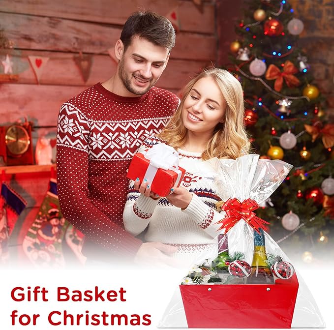 Tuanse 30 Pcs Basket for Gift Empty DIY Bulk Gift Basket Kit with Handle Kraft Cardboard Tray with 30 Bag 30 Bow Market Tray for Wedding Party(Red,12.6 x 9.8 x 5.9 in)