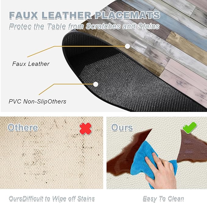 Farmhouse Placemats Set of 4 - Driftwood Faux Leather Heat Resistant Placemat for Dinner Table, Non-Slip Waterproof Oil-Proof Washable Reusable for Indoor Outdoor Kitchen Decor, 15.75In*11.81In