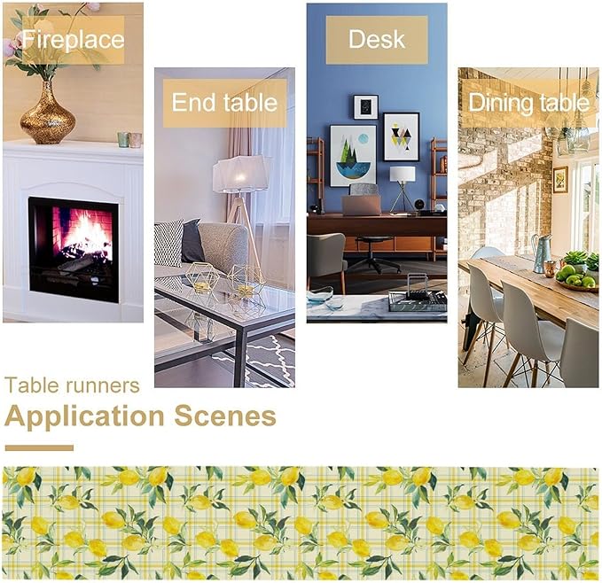 Yellow Plaid Lemon Table Runner Nature Watercolor Plant Countryside Farm Fruit Aesthetic Dining Table Decoration for Home Holiday Party Dresser Kitchen Cabin Restaurant Wedding Decor 13×108in