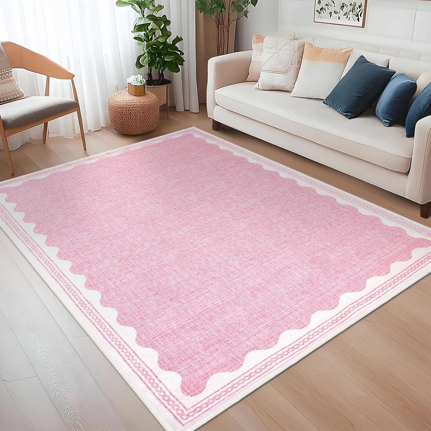 Scalloped Washable Rug 5x7 Area Rugs for Living Room, Solid Pink Rugs for Bedroom Girls, Non Slip Scalloped Rug Throw Mat with Rubber Back, Soft Dorm Nursery Low Pile Carpet for Dining Room