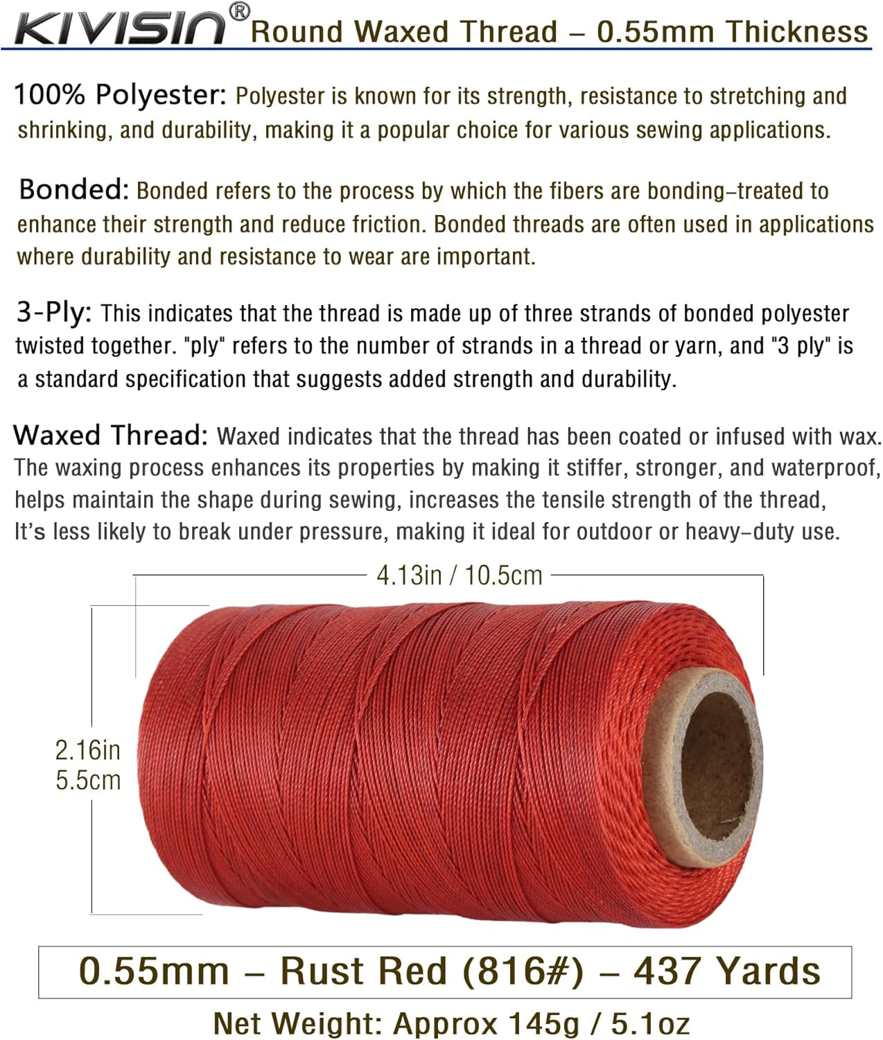 Sturdy Bonded Waxed Polyester Thread, 0.55mm, 437 Yards Wax String Cord - Rust Red for Leather, Hand Sewing, Stitching, Bookbinding, Beading, Bracelets and Macrame Jewelry Making