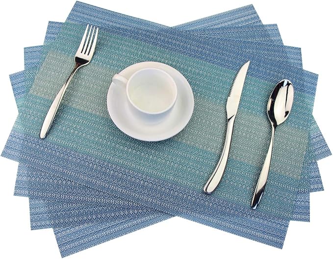 PIGCHCY Placemat,Washable Woven Non-Slip Insulation Durable Placemat Vinyl Table Mat Set of 4 (4pcs Placemats,Coastal Blue)