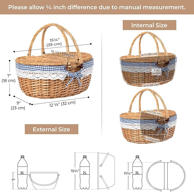 GRANNY SAYS Wicker Picnic Basket for 2 with Handles, Woven Cute Boo Basket with Washable Liner & Dual-Flip Lid, Vintage Large Picnic Baskets for Camping, Outdoor, Gift, Blue and White Checkered Liner