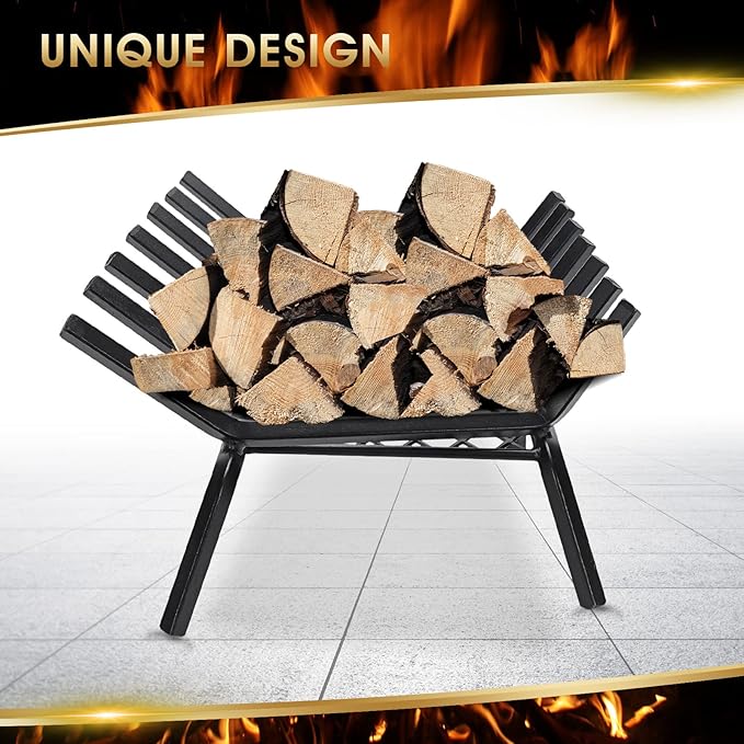 G GOOD GAIN Fireplace Grate 24" with Ember Retainer, Heavy Duty Cast Iron Indoor, Chimney Hearth Wood Stove Burning Rack Holder,1/2” Bar Fire Place Asseccories for Outdoor, Fire Pits, Camping