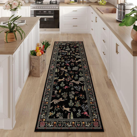 Rugcomf Runner Rug for Kitchen Rug Non Slip 2'6''x8' Washable Rugs with Rubber Backing Soft Floral Animal Carpet Runner for Kitchen, Laundry, Bedroom, Bathroom (Black)