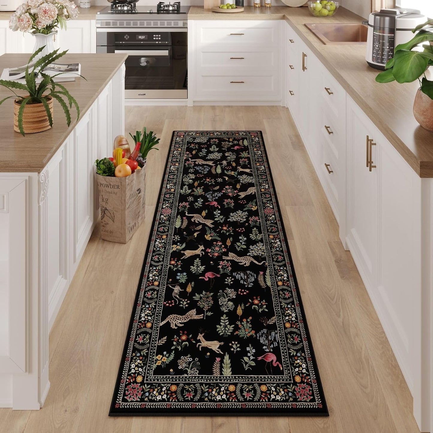 Rugcomf Runner Rug for Kitchen Rug Non Slip 2'x6' Washable Rugs with Rubber Backing Soft Floral Animal Carpet Runner for Kitchen, Laundry, Bedroom, Bathroom (Black)