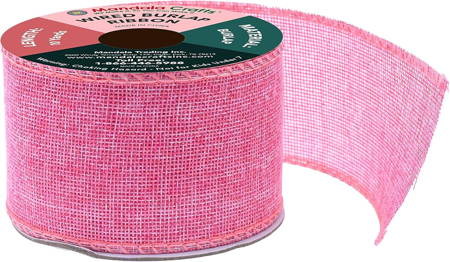 Mandala Crafts Pink Burlap Wired Ribbon 2.5 Inches Wide Jute Ribbons for Crafts - 10 Yds Roll Rustic Burlap Wrap Trim Ribbons for Wreaths Bows Party Decoration