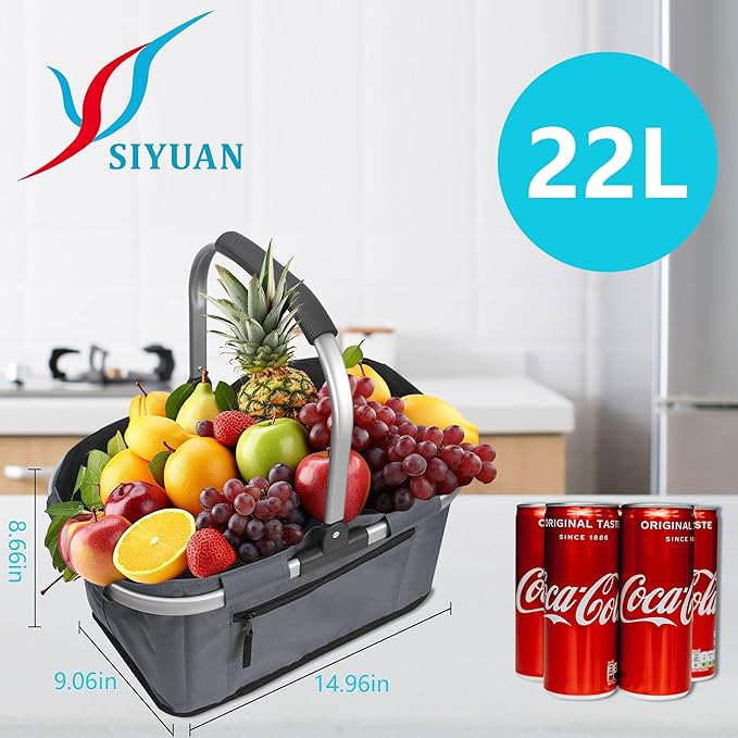 SIYUAN Picnic Basket with Handle 22L Collapsible Grocery Shopping Basket Portable Folding for Travel Camping Reuasble Market Bag, Grey