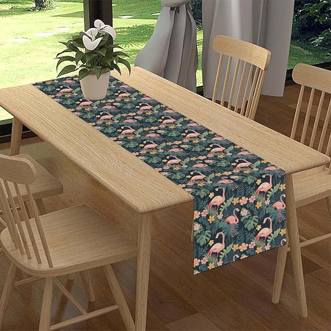 Tropical Flamingo Table Runner,Hawaii Seasonal Floral Spring Summer Green Plants Table Center Decor for Family Kitchen and Living Room Outdoor Farmhouse Party Table Decorations, 13"x90"