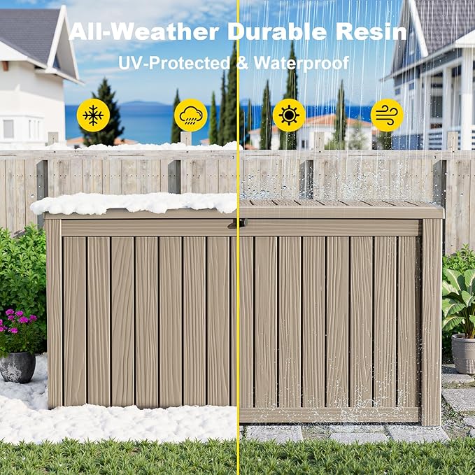 200 Gallon Large Deck Box,Resin Outdoor Storage Box with Lockable for Patio Furniture, Garden Tools Waterproof Outside Storage Box, Grey