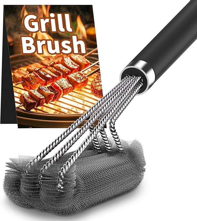 BBQ Grill Cleaning Brush, Heavy Duty Grill Cleaning Brush for Outdoor Grill, 3-Branch Stainless Steel Bristles Cleaner for Easier and Effective Clean, BBQ Tools for Gas/Charcoal Grilling Grates