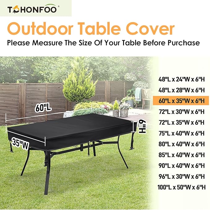 TOHONFOO Outdoor Dining Table Cover - Waterproof Anti-UV Patio Table Cover - Outdoor Table Cover 60" L x 35" W x 6" H