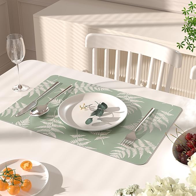 QIYI Placemats Set of 6, 12x18 Inch Faux Leather Place Mats for Kitchen Dinning, Heat Resistant Anti Slip Green White Table Mats, Waterproof Wipeable Washable Placemat Party Table Décor, Fern Leaves
