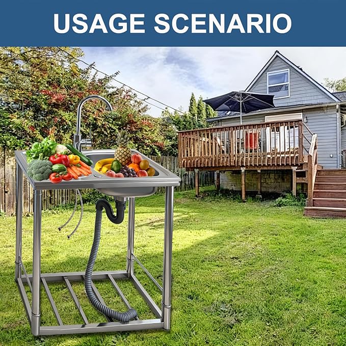 Outdoor Sink with Hose Hook Up, Free Standing Stainless Steel Utility Sink, Single Bowl Portable Sink Hand Wash Station for Camping, Backyard, Garden, Kitchen, Garage