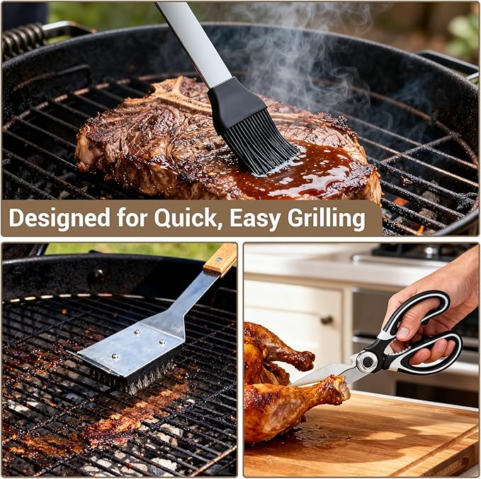 18pcs Wooden Grill Tool Set, BBQ Accessories Heavy Duty Stainless Steel Grill Utensils Set with Carry Bag Spatula, Fork, Tongs & Cleaning Brush and More Grilling Gifts for Christmas Men, Father’s Day