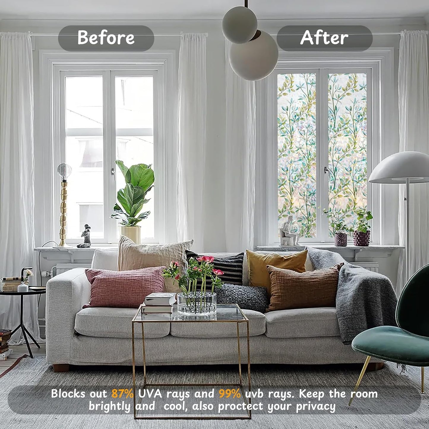 NINETREX Window Privacy Film Stained Glass Window Film 3D Decorative Cling,Sun Blocking Static Cling Removable Film for Glass Door,Home Decor Window Cover Non-Adhesive 17.5 x 78.7 inches,Leaf