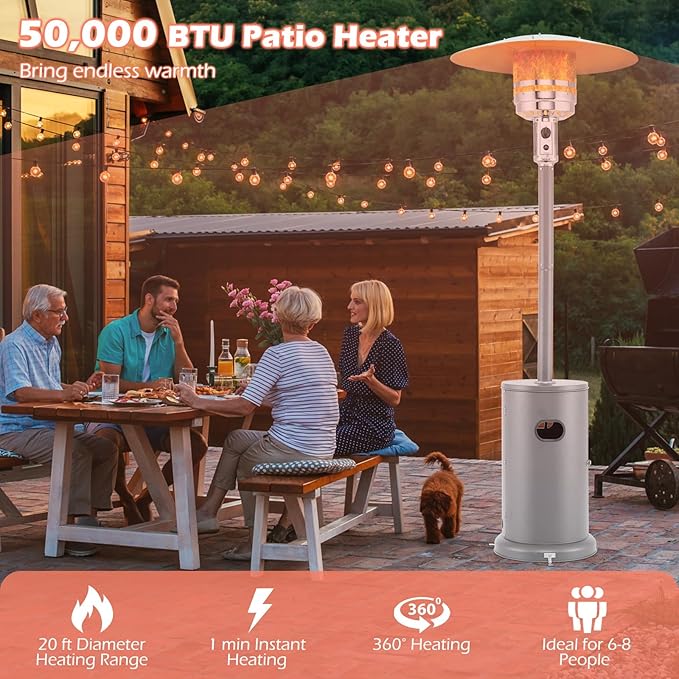 Tangkula 50,000 BTU Propane Outdoor Heater, Patio Heater with Strengthened Stainless Steel Burner, Tip-Over, Flame-Out Protection, Wheels, Outdoor Heaters for Patio (Grey)