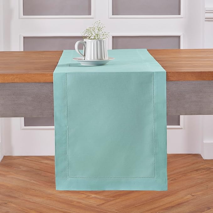 Solino Home Cotton Linen Table Runner 120 Inches Long - Hemstitch Pastel Turquoise Dining Table Runner 14 x 120 Inch for Spring, Easter
