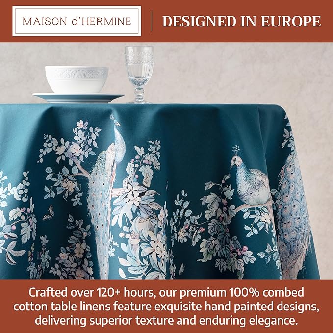 Maison d' Hermine Premium Table Cloth Round Table 100% Combed Cotton 70" Diameter Inches Tablecloth Reusable Decorative for Dining Room, Farmhouse, Party, Festive & Wedding - Peacock Utopia - Deep Sea