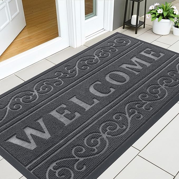 OLANLY Welcome Door Mat Indoor Outdoor Entrance, Heavy Duty Sturdy Front Door Mat, Waterproof All-Weather Doormat, Stain Resistant, Low Profile, Easy Clean Patio Entryway Mat, 47 x 24, Medium Grey