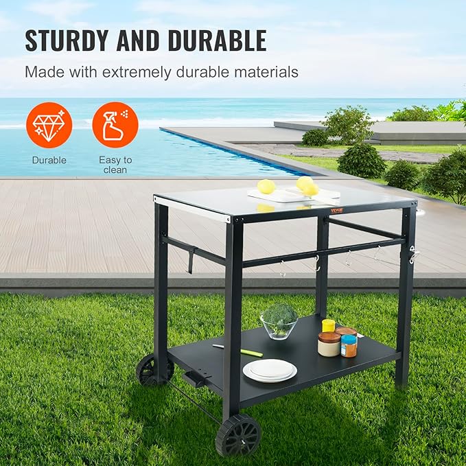 VEVOR Outdoor Grill Cart with Double-Shelf, BBQ Movable Food Prep Table with PVC Placemat, Black Iron Table Top, Portable Modular Carts for Pizza Oven, Worktable with 2 Wheels, Carry Handle