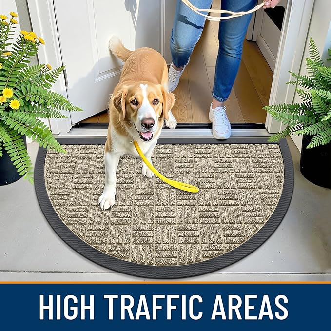OLANLY Half Circle Door Mat Outside Entrance 29.5x17, Absorbent, Heavy Duty Sturdy Natural Rubber Doormat Indoor Outdoor, Fade Resistant, Non-Slip Backing Low Profile Floor Mat for Entryway, Beige