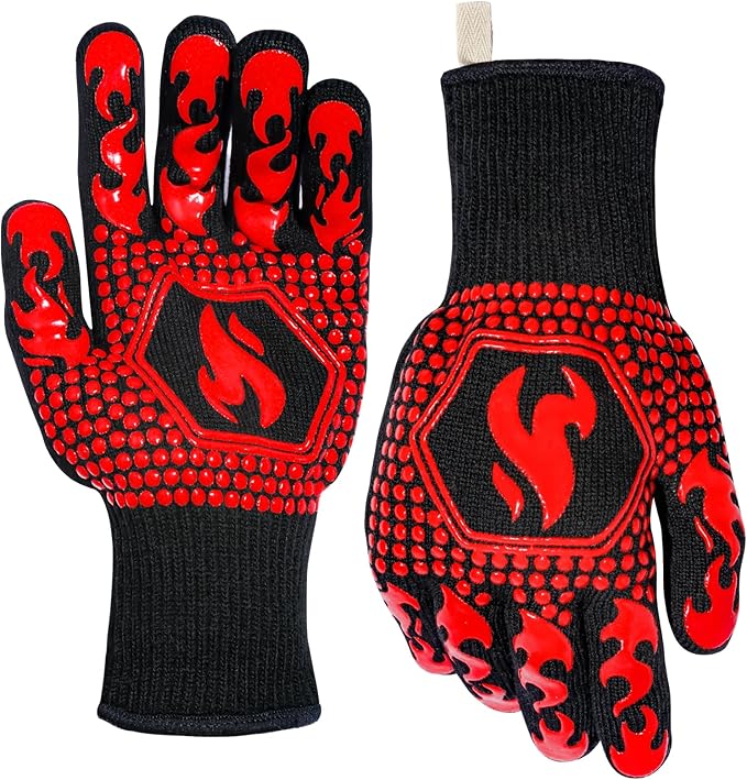 QUWIN BBQ Gloves, BBQ Accessories 1472℉ Extreme Heat Resistant, Grilling Gloves Silicone Non-Slip Oven Mitts, Kitchen Gloves for BBQ, Grilling, Cooking, Baking-1 Pair… (One Size Fits Most, Red)