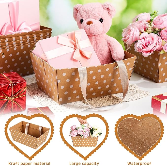 Pinkunn 48 Pcs Basket for Gifts Empty DIY Bulk Party Gift Basket Kit with Handles Market Trays for Packages Wrapping Wedding Party Anniversary Display(Brown, White,Polka Dots)