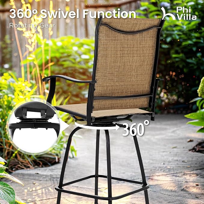 PHI VILLA 5 Piece Outdoor Bar Set with Swivel Patio Bar Stools, Patio Bar Bistro Table and Chairs with Brown Textilene Fabric & Square Bar Table for Deck, Balcony and Garden